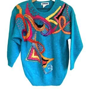 Vtg 3D Knit Sweater Small Art to Wear Beaded Multicolor Funky Rad Eclectic 80s